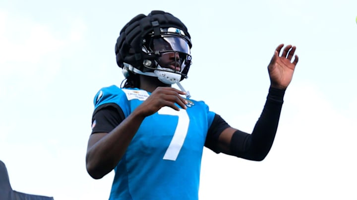 Jacksonville Jaguars wide receivers Brian Thomas Jr. (7), Travis Hunter (12) and Dyami Brown (5) work on reflexes using tennis balls during an NFL training camp session at the Miller Electric Center, Friday, July 25, 2025, in Jacksonville, Fla. Jacksonville Jaguars wide receivers Brian Thomas Jr. (7), Travis Hunter (12) and Dyami Brown (5) work on reflexes using tennis balls during an NFL training camp session at the Miller Electric Center, Friday, July 25, 2025, in Jacksonville, Fla.