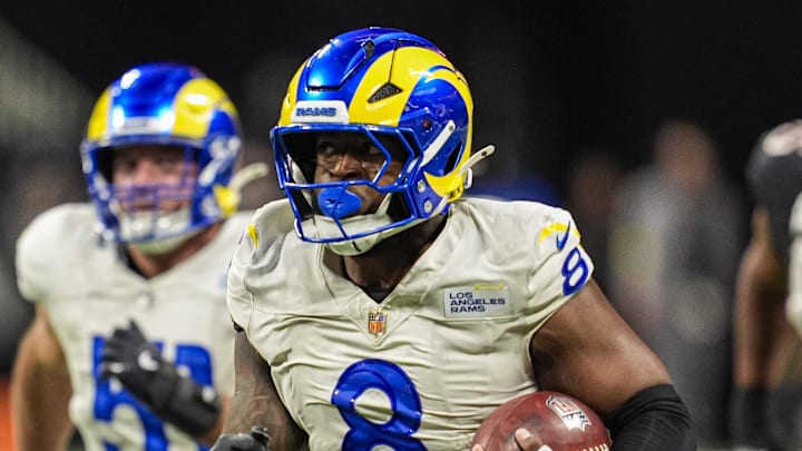 Dec 29, 2025; Atlanta, Georgia, USA; Los Angeles Rams linebacker Jared Verse (8) blocks a Atlanta Falcons field goal and returns it for a touchdown during the second half at Mercedes-Benz Stadium. Mandatory Credit: Dale Zanine-Imagn Images Dec 29, 2025; Atlanta, Georgia, USA; Los Angeles Rams linebacker Jared Verse (8) blocks a Atlanta Falcons field goal and returns it for a touchdown during the second half at Mercedes-Benz Stadium. Mandatory Credit: Dale Zanine-Imagn Images