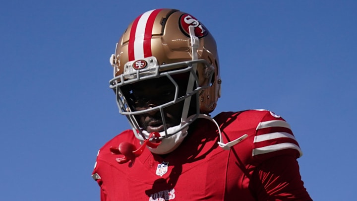 Oct 20, 2024; Santa Clara, California, USA; San Francisco 49ers wide receiver Brandon Aiyuk (11) walks on the field before the start of the game against the Kansas City Chiefs at Levi's Stadium. Mandatory Credit: Cary Edmondson-Imagn Images