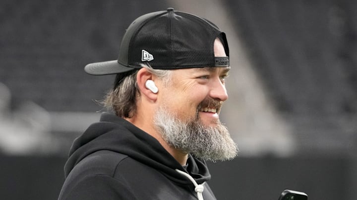 Jan 4, 2026; Paradise, Nevada, USA; Las Vegas Raiders offensive line coach Brennan Carroll, the son of head coach Pete Carroll, before the game against the Kansas City Chiefs at Allegiant Stadium. Mandatory Credit: Kirby Lee-Imagn Images