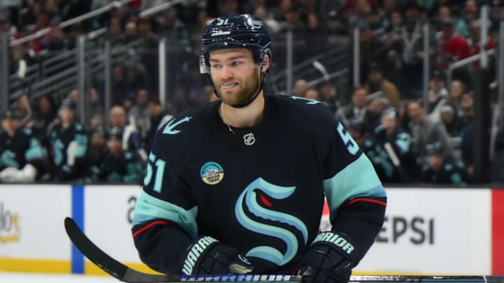 Oct 28, 2025; Seattle, Washington, USA; Seattle Kraken center Shane Wright (51) reacts to scoring a goal against the Monteal Canadiens during the third period at Climate Pledge Arena. Mandatory Credit: Steven Bisig-Imagn Images