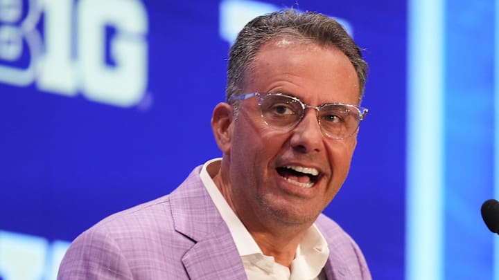 Jul 23, 2025; Las Vegas, NV, USA; Washington head coach Jedd Fisch speaks to the media during the Big Ten NCAA college football media days at Mandalay Bay Resort. Mandatory Credit: Lucas Peltier-Imagn Images
