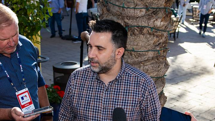 Nov 8, 2023; Scottsdale, AZ, USA; Atlanta Braves president of baseball operations Alex Anthopoulos speaks to the media during the MLB General Manager's Meetings at Omni Scottsdale Resort & Spa. Mandatory Credit: Mark J. Rebilas-USA TODAY Sports