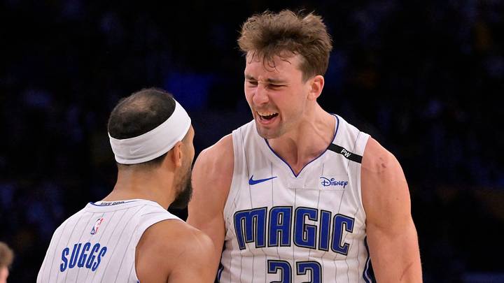Nov 21, 2024; Los Angeles, California, USA; Orlando Magic forward Franz Wagner (22) celebrates with guard Jalen Suggs (4) after defeating the Los Angeles Lakers with a 3-point basket with 2.5 seconds left in the game at Crypto.com Arena. Mandatory Credit: Jayne Kamin-Oncea-Imagn Images Nov 21, 2024; Los Angeles, California, USA; Orlando Magic forward Franz Wagner (22) celebrates with guard Jalen Suggs (4) after defeating the Los Angeles Lakers with a 3-point basket with 2.5 seconds left in the game at Crypto.com Arena. Mandatory Credit: Jayne Kamin-Oncea-Imagn Images