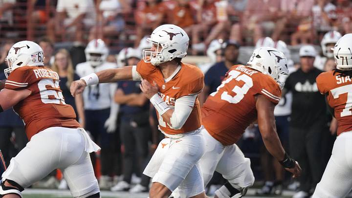 Texas Longhorns quarterback Arch Manning (16) throws the ball during the first half against the UTSA Roadrunners at Darrell K Royal-Texas Memorial Stadium. 