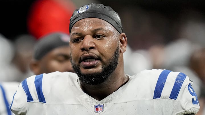 Indianapolis Colts defensive tackle Grover Stewart walks the sideline Indianapolis Colts defensive tackle Grover Stewart walks the sideline