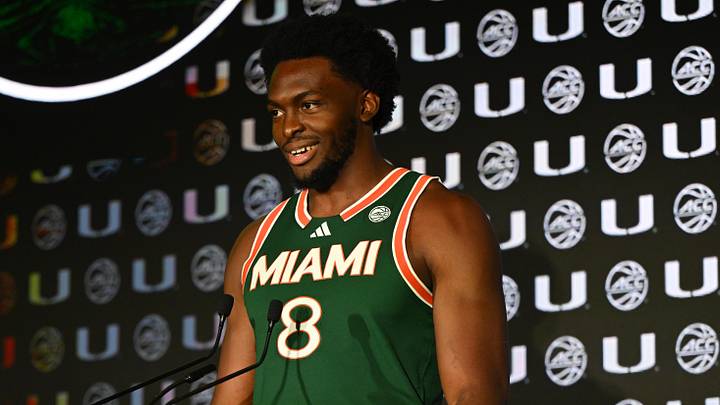 Oct 8, 2025; Charlotte, NC, USA; Miami player Ernest Udeh, Jr. answers questions from the media at The Hilton Charlotte Uptown. Mandatory Credit: William Howard-Imagn Images