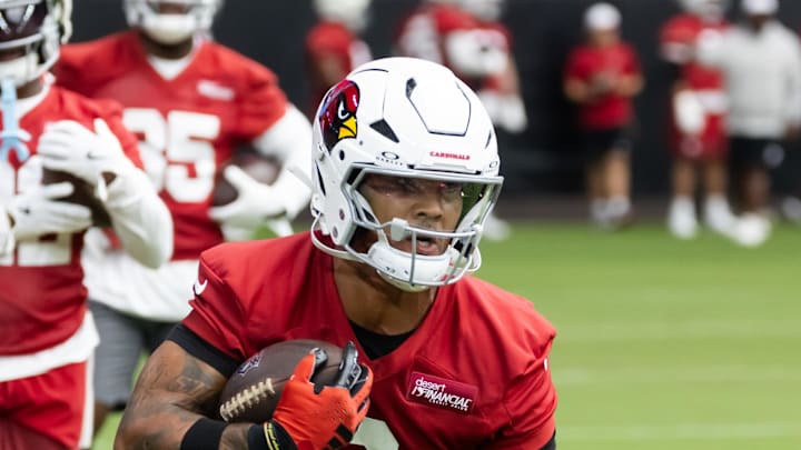 Jul 24, 2025; Glendale, AZ, USA; Arizona Cardinals running back James Conner during training camp at State Farm Stadium. Mandatory Credit: Mark J. Rebilas-Imagn Images