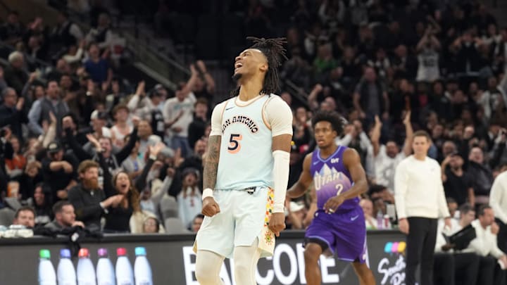 Nov 21, 2024; San Antonio, Texas, USA; San Antonio Spurs guard Stephon Castle (5) reacts during the second half against the Utah Jazz at Frost Bank Center. Mandatory Credit: Scott Wachter-Imagn Images