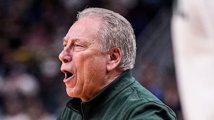Michigan State head coach Tom Izzo reacts to a play against Louisville during the first half of NCAA Tournament Second Round at KeyBank Center in Buffalo on Saturday, March 21, 2026. Michigan State head coach Tom Izzo reacts to a play against Louisville during the first half of NCAA Tournament Second Round at KeyBank Center in Buffalo on Saturday, March 21, 2026.