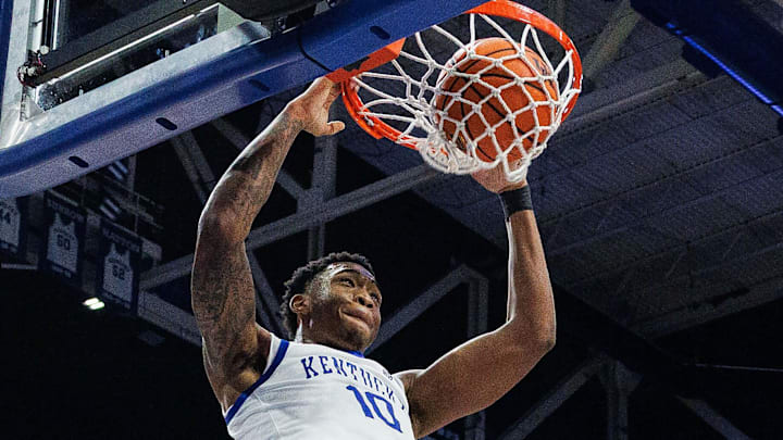 Feb 4, 2026; Lexington, Kentucky, USA; Kentucky Wildcats forward Brandon Garrison (10) dunks the ball during the second half against the Oklahoma Sooners at Rupp Arena at Central Bank Center. Mandatory Credit: Jordan Prather-Imagn Images