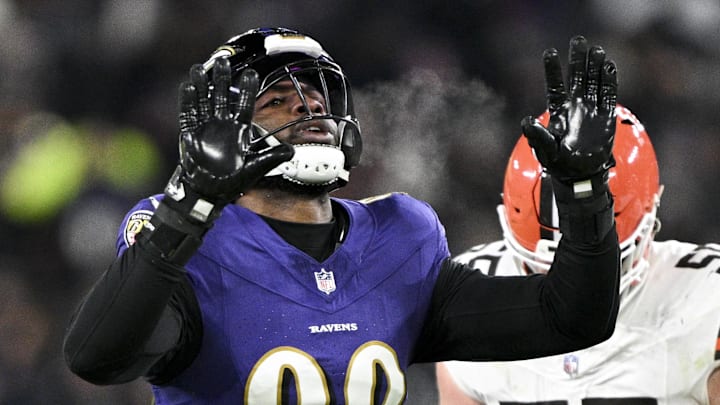 Baltimore Ravens linebacker Odafe Oweh reacts after sacking Cleveland Browns quarterback Bailey Zappe. Baltimore Ravens linebacker Odafe Oweh reacts after sacking Cleveland Browns quarterback Bailey Zappe.
