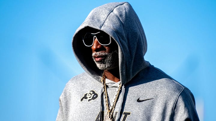 CU football head coach Deion Sanders, or Coach Prime, watches his team warm up before the game against CSU in the Rocky Mountain Showdown at Canvas Stadium on Saturday, Sept. 14, 2024, in Fort Collins, Colorado