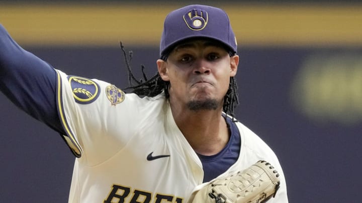 Milwaukee Brewers pitcher Elvin Rodriguez (35) throws during the first inning of their game against the Kansas City Royals Monday, March 31, 2025 at American Family Field in Milwaukee, Wisconsin.