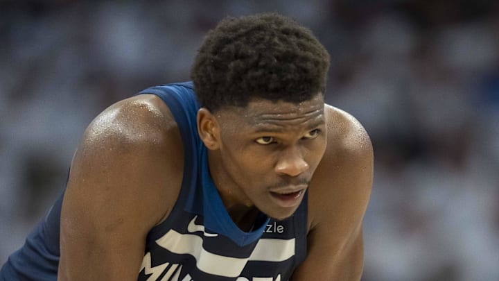 May 14, 2025; Minneapolis, Minnesota, USA; Minnesota Timberwolves guard Anthony Edwards (5) looks on against the Golden State Warriors in the first half during game five of the second round for the 2025 NBA Playoffs at Target Center. Mandatory Credit: Jesse Johnson-Imagn Images