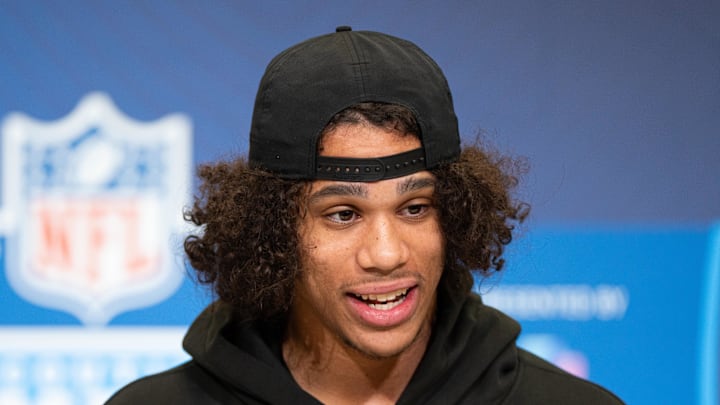 Feb 27, 2026; Indianapolis, IN, USA; Arizona State wideout Jordyn Tyson (WO40) speaks to members of the media during the NFL Combine at the Indiana Convention Center. Mandatory Credit: Jacob Musselman-Imagn Images