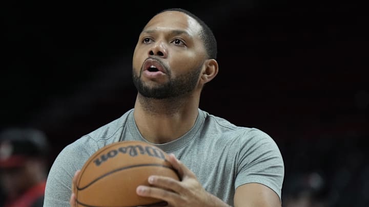 Dec 30, 2024; Portland, Oregon, USA; Philadelphia 76ers shooting guard Eric Gordon (23) warms up before the game against the Portland Trail Blazers at Moda Center. Mandatory Credit: Soobum Im-Imagn Images