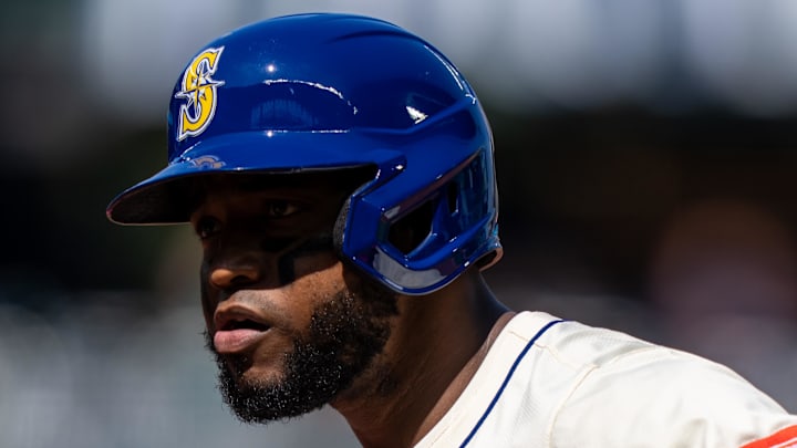 Seattle Mariners right fielder Victor Robles celebrates after a single in a game against the Athletics on Aug. 24 at T-Mobile Park.
