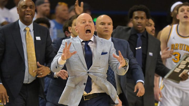 Jan 31, 2026; Los Angeles, California, USA;  UCLA Bruins head coach Mick Cronin reacts on the bench in the second half against the Indiana Hoosiers at Pauley Pavilion presented by Wescom Financial. Mandatory Credit: Jayne Kamin-Oncea-Imagn Images
