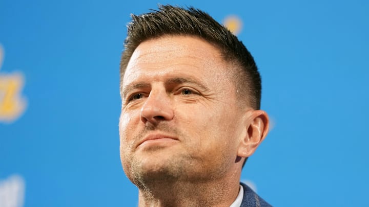 Dec 9, 2025; Los Angeles, CA, USA; Bob Chesney is introduced as UCLA Bruins football coach at press conference at Renee Luskin Conference Center Centennial Ballroom. Mandatory Credit: Kirby Lee-Imagn Images Dec 9, 2025; Los Angeles, CA, USA; Bob Chesney is introduced as UCLA Bruins football coach at press conference at Renee Luskin Conference Center Centennial Ballroom. Mandatory Credit: Kirby Lee-Imagn Images