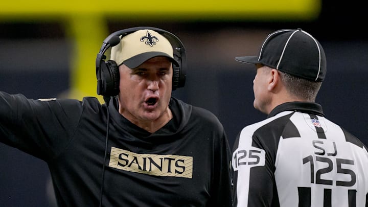 New Orleans Saints interim head coach Darren Rizzi reacts to a play against the Los Angeles Rams 