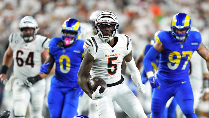 Cincinnati Bengals wide receiver Tee Higgins (5) runs downfield after a catch in the third quarter during a Week 3 NFL football game between the Los Angeles Rams and the Cincinnati Bengals, Monday, Sept. 25, 2023, at Paycor Stadium in Cincinnati. The Cincinnati Bengals won, 19-16.