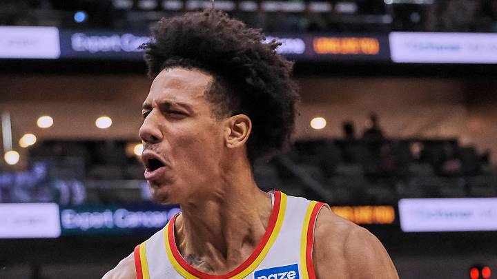 Atlanta Hawks forward Jalen Johnson (1) reacts against the New Orleans Pelicans at Smoothie King Center on November 22, 2025. Atlanta Hawks forward Jalen Johnson (1) reacts against the New Orleans Pelicans at Smoothie King Center on November 22, 2025.