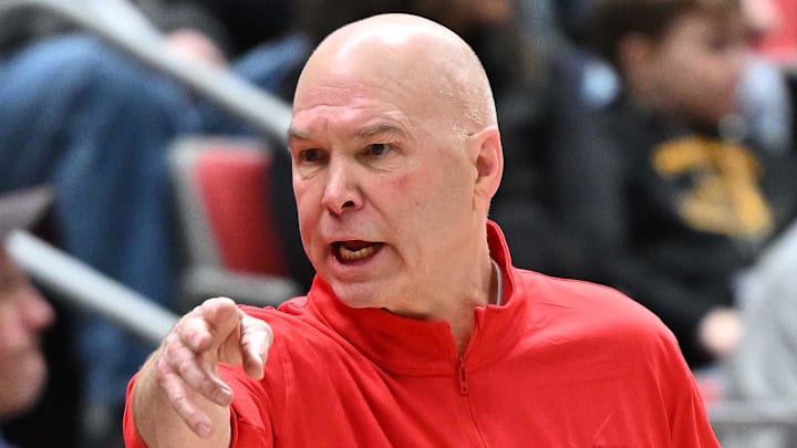 Jan 25, 2025; Pullman, Washington, USA; St. Mary's Gaels head coach Randy Bennett reacts after a play against the Washington State Cougars in the second half at Friel Court at Beasley Coliseum. St. Mary's Gaels won 80-75. Mandatory Credit: James Snook-Imagn Images