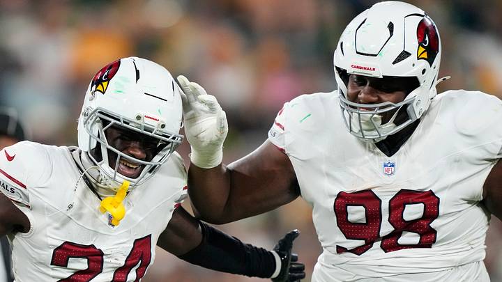 Aug 28, 2026; Green Bay, Wisconsin, USA; Arizona Cardinals cornerback Starling Thomas V (24) celebrates with defensive tackle Brodric Martin-Rhodes (98) after recovering a fumble during the third quarter against the Green Bay Packers at Lambeau Field. Mandatory Credit: Jeff Hanisch-Imagn Images Aug 28, 2026; Green Bay, Wisconsin, USA; Arizona Cardinals cornerback Starling Thomas V (24) celebrates with defensive tackle Brodric Martin-Rhodes (98) after recovering a fumble during the third quarter against the Green Bay Packers at Lambeau Field. Mandatory Credit: Jeff Hanisch-Imagn Images