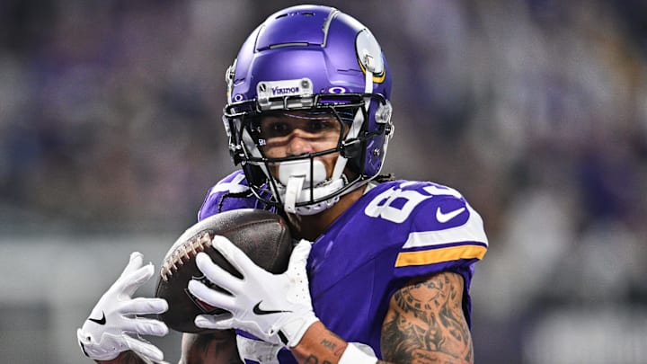 Dec 29, 2024; Minneapolis, Minnesota, USA; Minnesota Vikings wide receiver Jalen Nailor (83) catches a touchdown pass against the Green Bay Packers during the second quarter at U.S. Bank Stadium. Mandatory Credit: Jeffrey Becker-Imagn Images