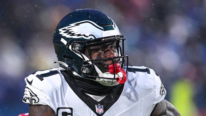 Dec 28, 2025; Orchard Park, New York, USA; Philadelphia Eagles wide receiver A.J. Brown (11) looks to receive a pass in the first quarter against the Buffalo Bills at Highmark Stadium. Mandatory Credit: Mark Konezny-Imagn Images