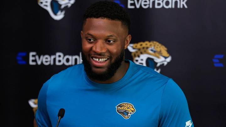 Jacksonville Jaguars defensive end Josh Hines-Allen speaks during a press conference at the Miller Electric Center, Monday, April 20, 2026 in Jacksonville, Fla.