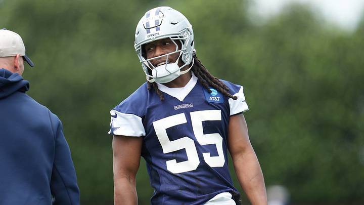Dallas Cowboys linebacker Jaishawn Barham on the field during practice at the Ford Center at the Star Training Facility in Frisco, Texas.  