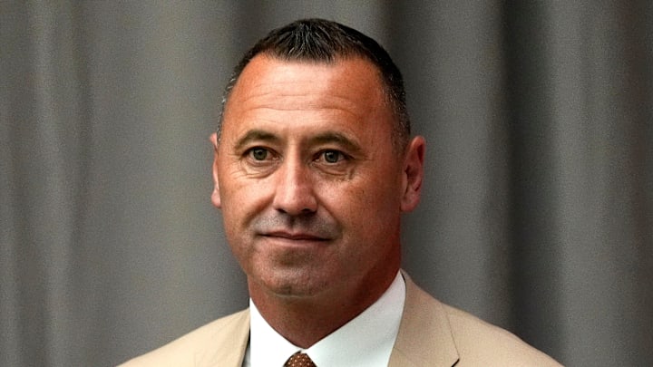 July 15, 2025; Atlanta, GA, USA; Texas head coach Steve Sarkisian waits off stage as he is introduced during SEC Media Days at the College Football Hall of Fame in Atlanta.