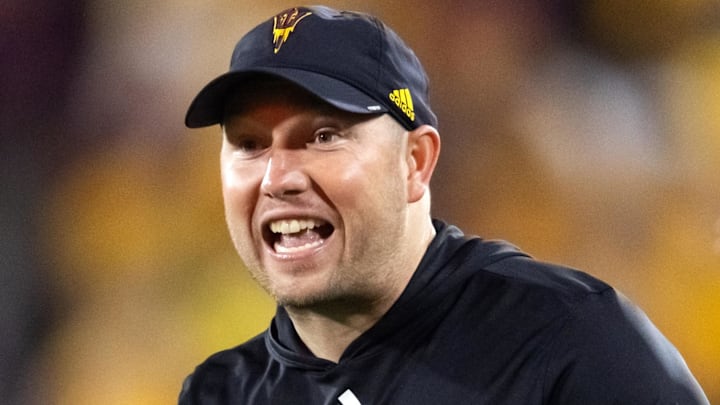 Nov 28, 2025; Tempe, Arizona, USA; Arizona State Sun Devils head coach Kenny Dillingham reacts against the Arizona Wildcats in the second half during the 99th Territorial Cup at Mountain America Stadium. Mandatory Credit: Mark J. Rebilas-Imagn Images