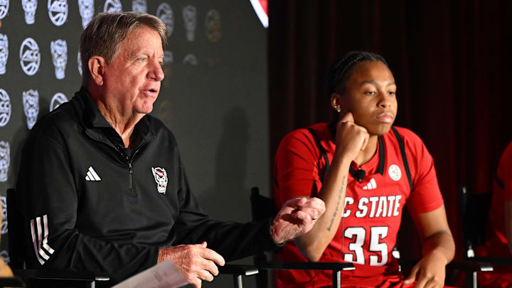 Oct 6, 2025; Charlotte, NC, USA; North Carolina State head coach Wes Moore answers questions from the media at The Hilton Charlotte Uptown. Mandatory Credit: William Howard-Imagn Images