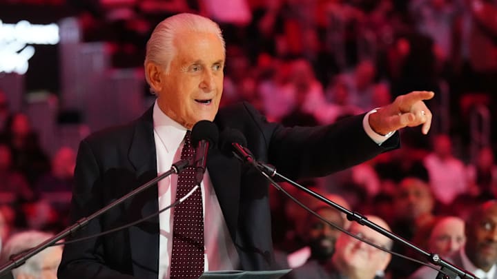 Miami Heat president Pat Riley addresses the crowd (Mandatory Credit: Jim Rassol-Imagn Images)