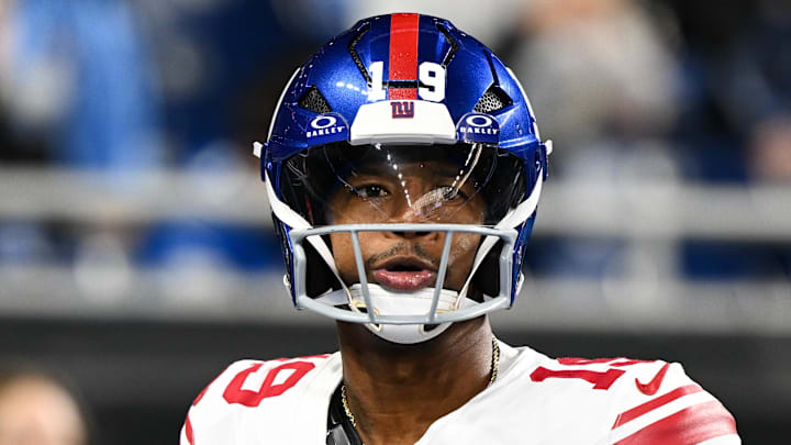 Nov 23, 2025; Detroit, Michigan, USA; New York Giants quarterback Jameis Winston (19) warms up before the game against the Detroit Lions at Ford Field. Mandatory Credit: Lon Horwedel-Imagn Images