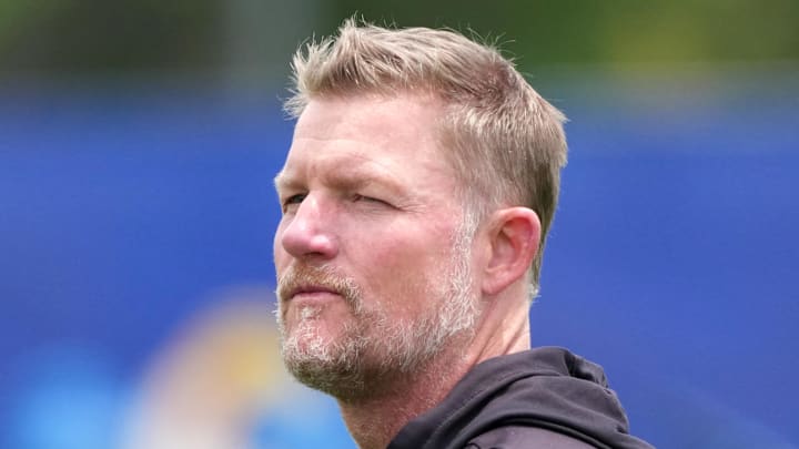 Jun 3, 2025; Woodland Hills, CA, USA; Los Angeles Rams general manager Les Snead during organized team activities at Rams Practice Facility. Mandatory Credit: Kirby Lee-Imagn Images