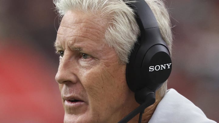 Dec 21, 2025; Houston, Texas, USA; Las Vegas Raiders head coach Pete Carroll reacts after a play during the game against the Houston Texans at NRG Stadium. Mandatory Credit: Troy Taormina-Imagn Images