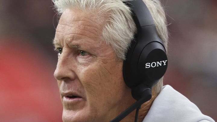 Dec 21, 2025; Houston, Texas, USA; Las Vegas Raiders head coach Pete Carroll reacts after a play during the game against the Houston Texans at NRG Stadium. Mandatory Credit: Troy Taormina-Imagn Images