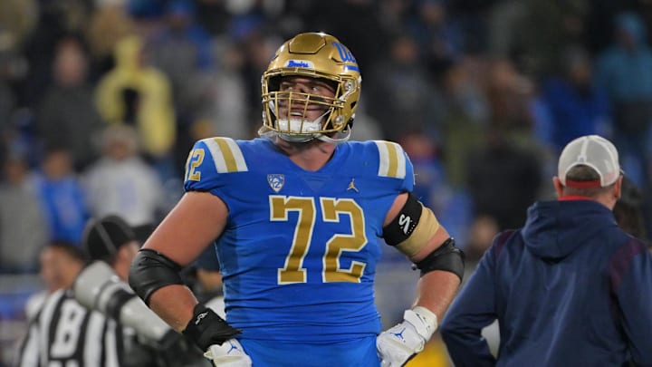 Nov 12, 2022; Pasadena, California, USA; UCLA Bruins offensive lineman Garrett DiGiorgio (72) looks on from the field after a 31-28 loss to the Arizona Wildcats at the Rose Bowl. Mandatory Credit: Jayne Kamin-Oncea-Imagn Images