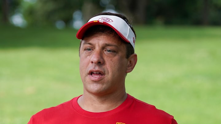 Jul 22, 2025; St. Joseph, MO, USA; Kansas City Chiefs general manager Brett Veach walks down the hill to the fields during training camp at Missouri Western State University. Mandatory Credit: Denny Medley-Imagn Images Jul 22, 2025; St. Joseph, MO, USA; Kansas City Chiefs general manager Brett Veach walks down the hill to the fields during training camp at Missouri Western State University. Mandatory Credit: Denny Medley-Imagn Images