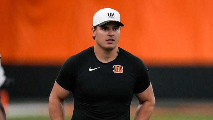 Cincinnati Bengals defensive end Trey Hendrickson (91) directs a drill during a preseason training camp practice in downtown Cincinnati on Thursday, July 31, 2025. Cincinnati Bengals defensive end Trey Hendrickson (91) directs a drill during a preseason training camp practice in downtown Cincinnati on Thursday, July 31, 2025.