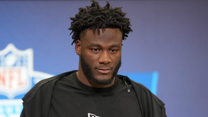 Feb 25, 2026; Indianapolis, IN, USA; UCF defensive lineman Nyjalik Kelly (DL47) speaks during the NFL Scouting Combine at the Indiana Convention Center. Mandatory Credit: Kirby Lee-Imagn Images