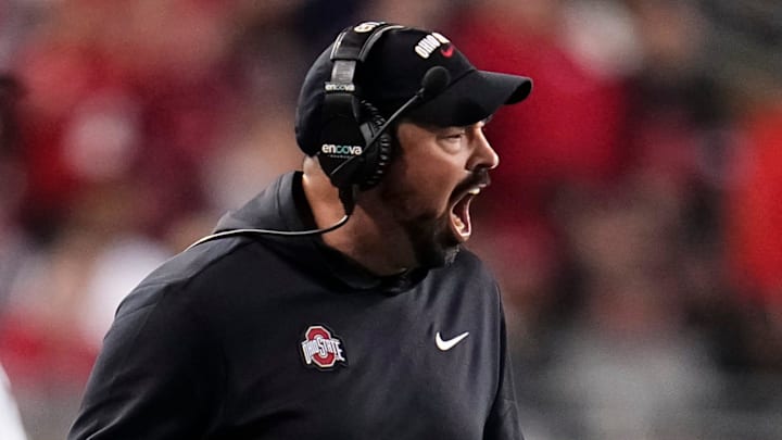 Ohio State Buckeyes head coach Ryan Day yells during the NCAA football game against the UCLA Bruins at Ohio Stadium in Columbus on Nov. 15, 2025.