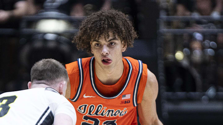 Jan 24, 2026; West Lafayette, Indiana, USA; Illinois Fighting Illini guard Keaton Wagler (23) looks to dribble around Purdue Boilermakers guard Braden Smith (3) during the first half at Mackey Arena. Mandatory Credit: Jacob Musselman-Imagn Images
