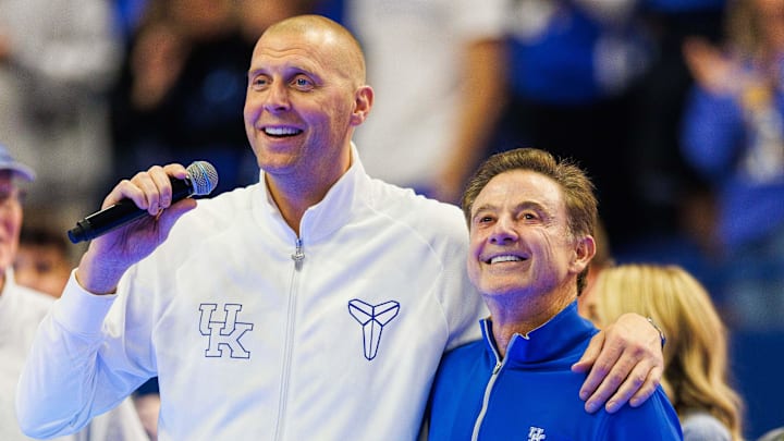 Oct 11, 2024; Lexington, KY, USA; Former Kentucky Wildcats head coach and current St. John's head coach Rick Pitino is introduced during Big Blue Madness at Rupp Arena at Central Bank Center. Mandatory Credit: Jordan Prather-Imagn Images