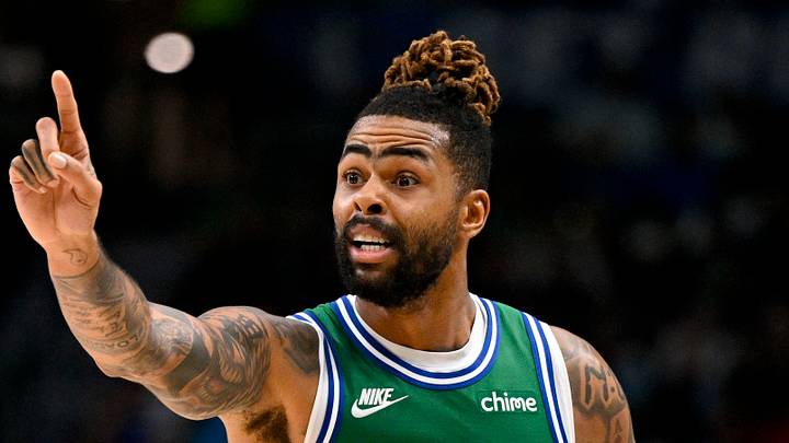 Oct 26, 2025; Dallas, Texas, USA; Dallas Mavericks guard D'Angelo Russell (5) brings the ball up court during the game between the Mavericks and the Raptors at the American Airlines Center. Mandatory Credit: Jerome Miron-Imagn Images