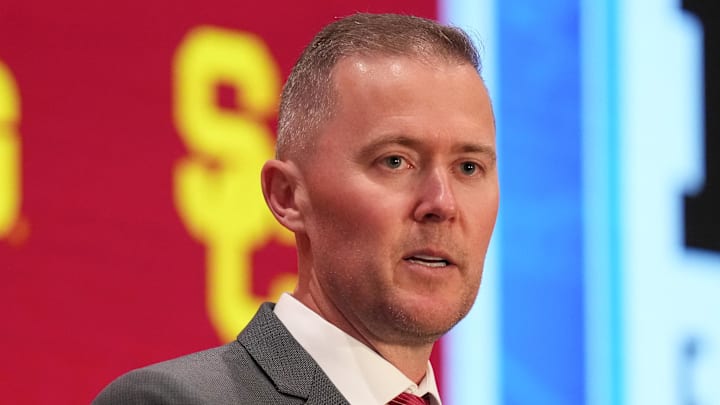 Jul 24, 2025; Las Vegas, NV, USA; USC head coach Lincoln Riley speaks to the media during the Big Ten NCAA college football media days at Mandalay Bay Resort. Mandatory Credit: Lucas Peltier-Imagn Images